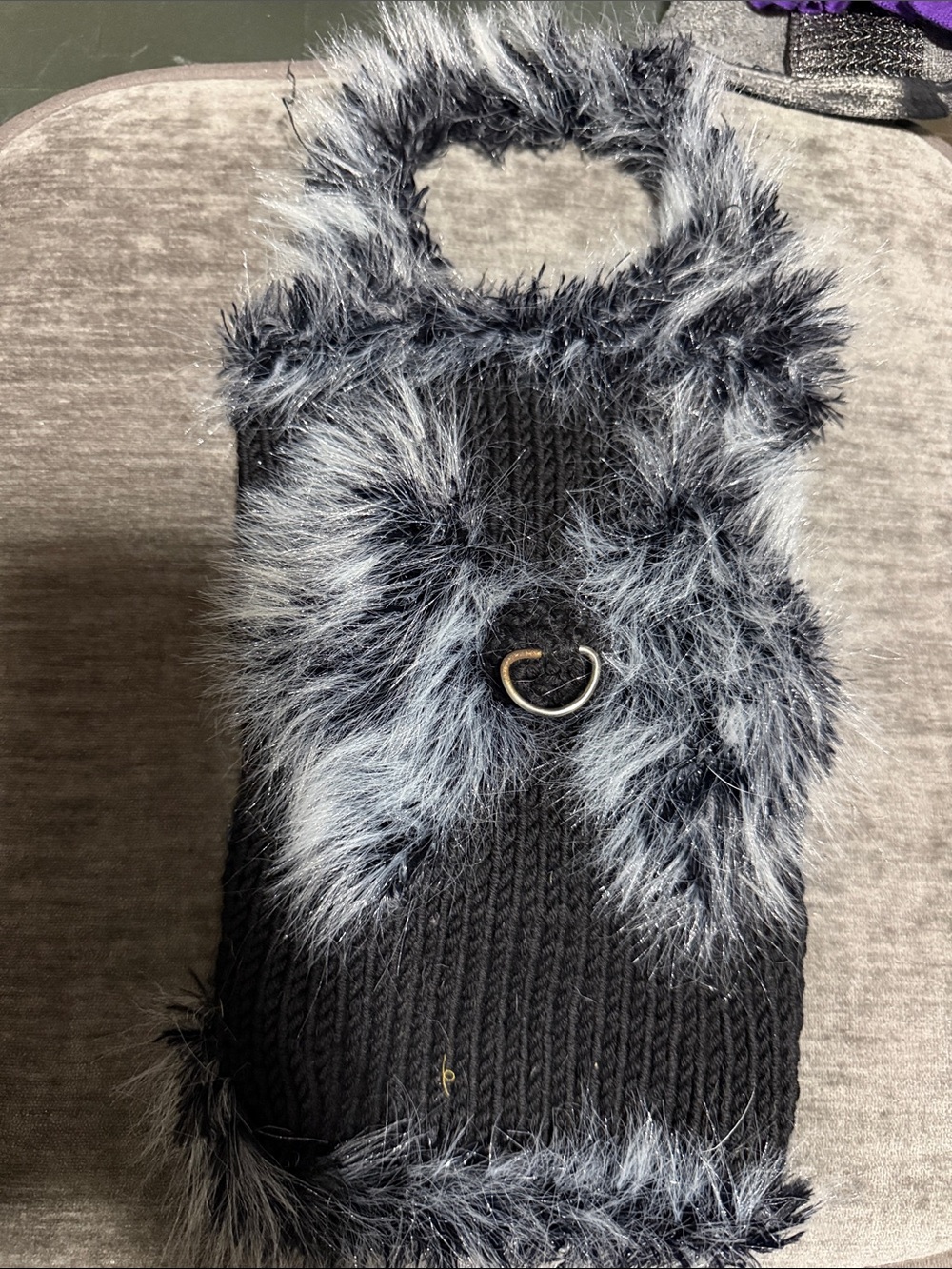 Black Faux Fur Trim Knit Dog Harness Vest